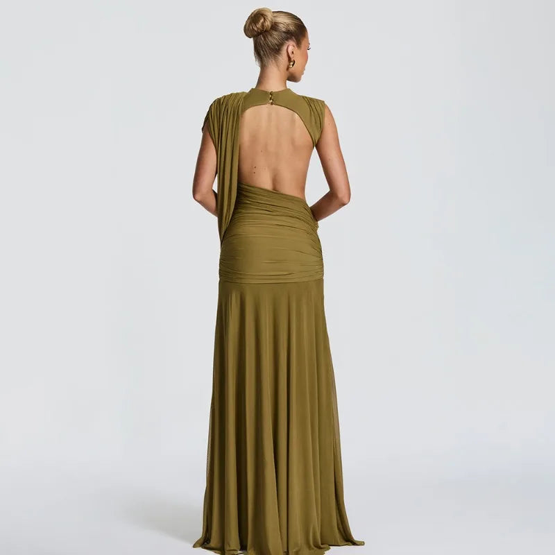 Mesh Draped Sash Sleeveless Open Back Maxi Dress Elegant for Woman Wedding Guest Party Dresses