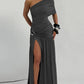 Off-shoulder Backless Sexy Maix Dress Women Elegant One Sleeve Ruched Split Club Party Pleated Long Dress Female