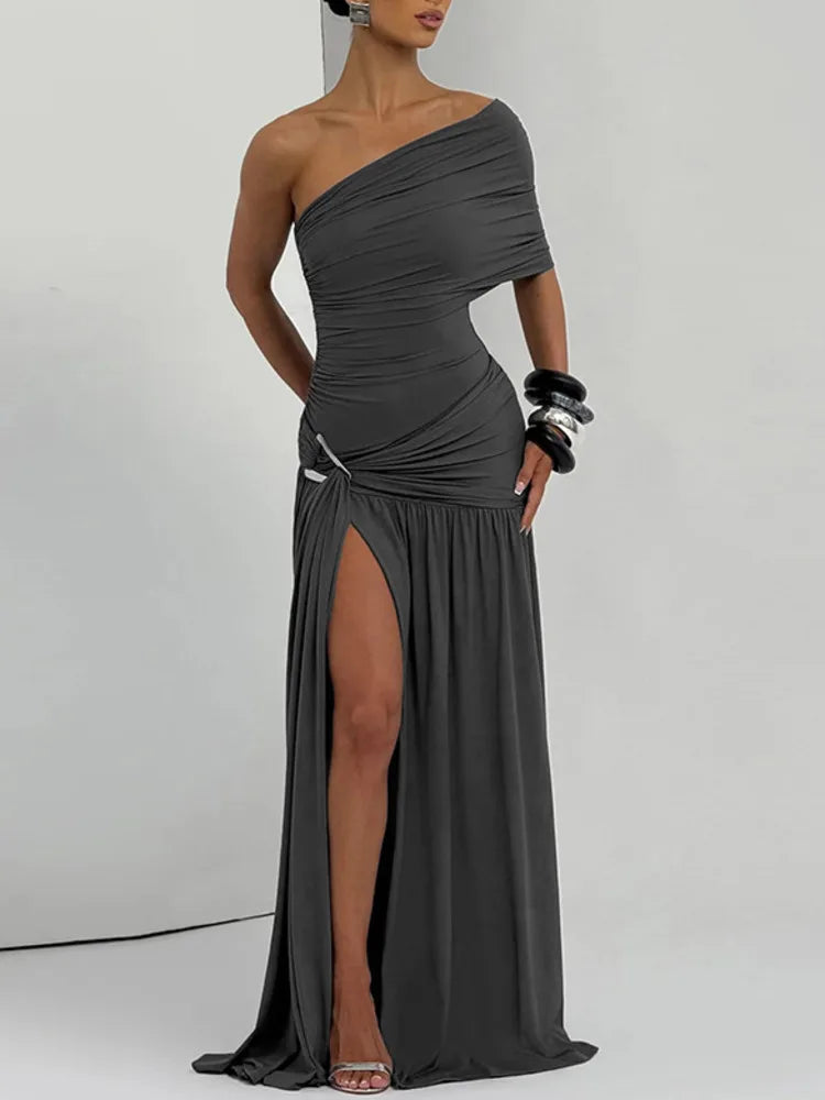 Off-shoulder Backless Sexy Maix Dress Women Elegant One Sleeve Ruched Split Club Party Pleated Long Dress Female