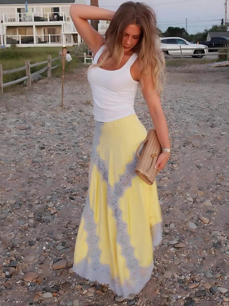 Lace Decoration Long Skirts Woman Summer Trend Elastic Waist Wrap Hip Daliy Street Y2K Elegant Style Classic Bottoms