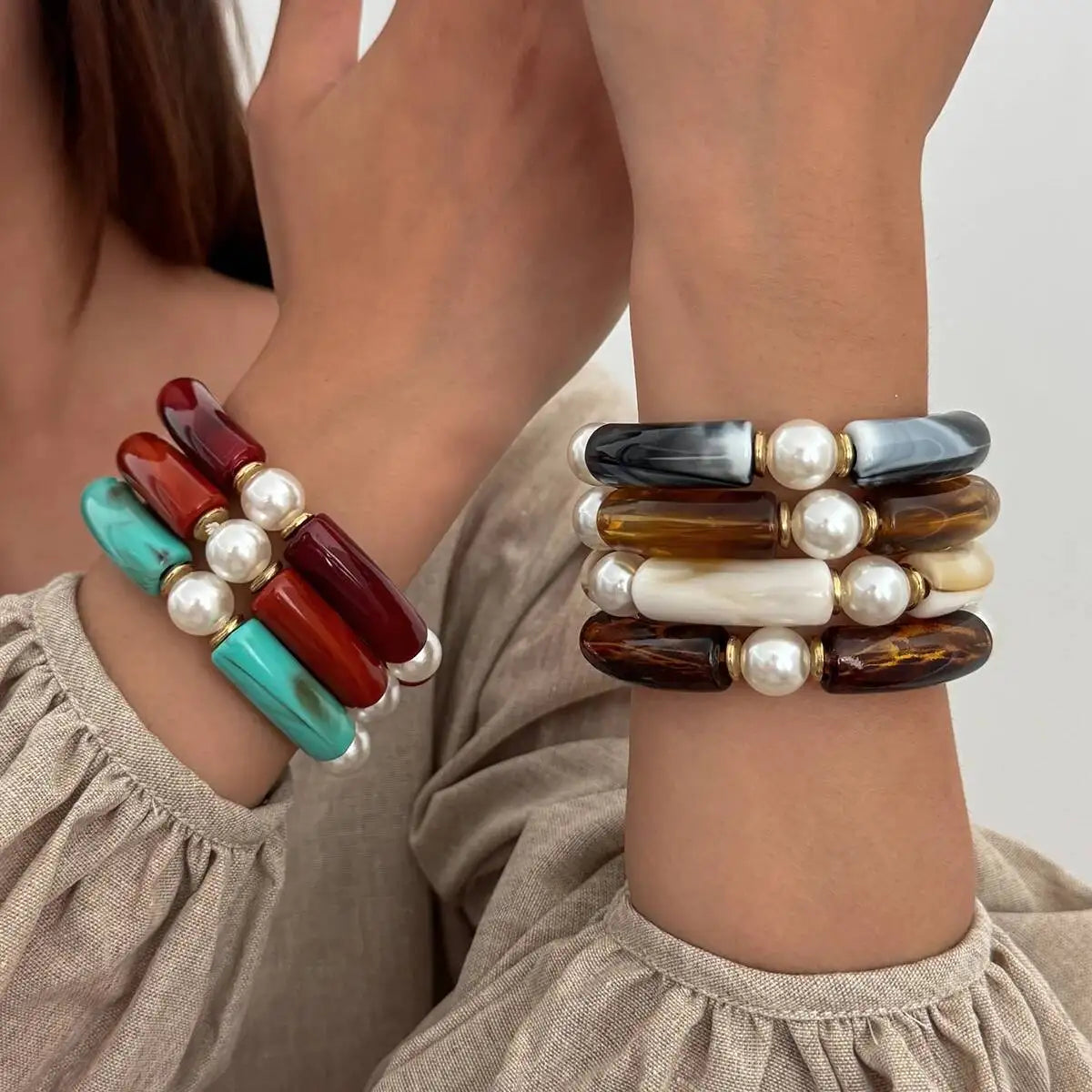 7 Styles Vintage Resin Round Tube Elastic Bangle Bracelet for Women Boho Stackable Imitation Pearl Acrylic Bead Bracelet