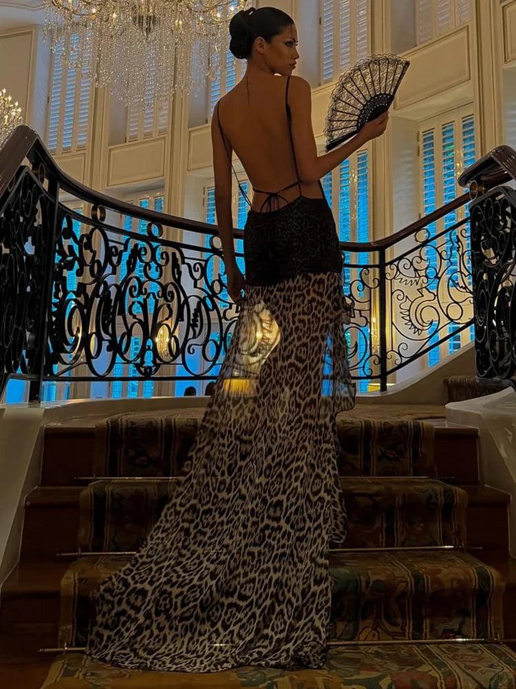 Bandages Cross Backless Dress Women Leopard Print Mesh Patchwork Irregular Hem Low-Neck Fashion Trend Party Bodycon