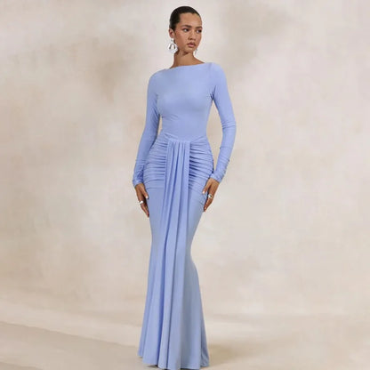 Long Sleeve Draped Front Maxi Dress 2026 Evening Gown White Classy Dresses for Woman Elegant Fall Clothing