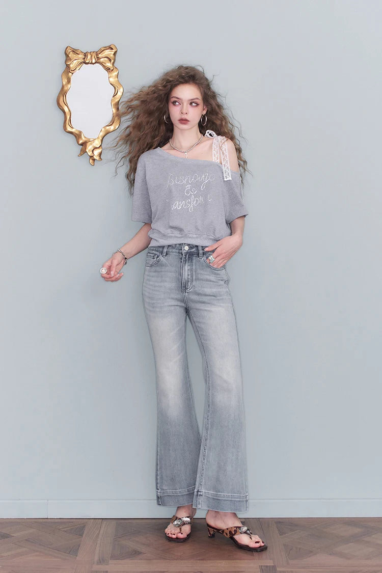 Sweet Lace Strap One-Shoulder Top, Boat Neck Short Sleeve, Casual Feminine Loose Top for Women