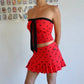 Y2K Retro Polka Dot Two Piece Outfit Women Strapless Bow Tube Top Pleated Mini Skirt Cute Streetwear Party Matching Set