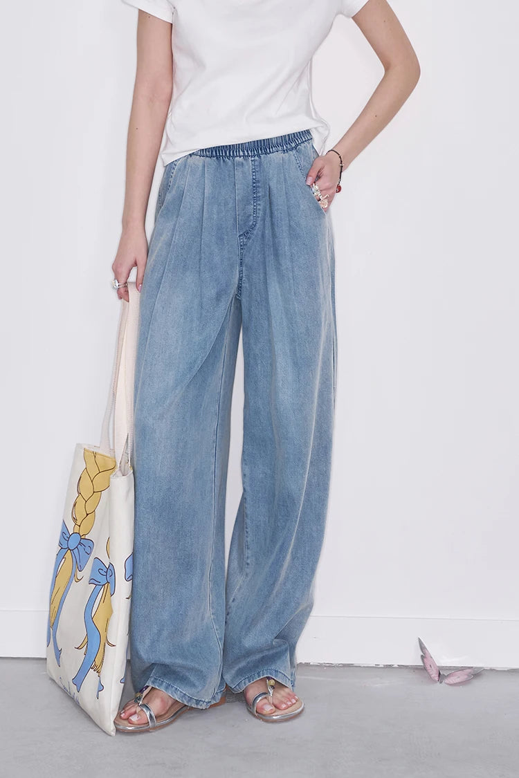 High Waist Wide Leg Jeans for Women, Casual Loose Fit Denim Pants with Elastic Waist, Lightweight Washed Trousers