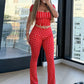 Polka Dot Print 3-Piece Set Women Simple Headband+Square Collar t-Shirt+Elastic Waistbell-Bottoms Sporty Style Suit