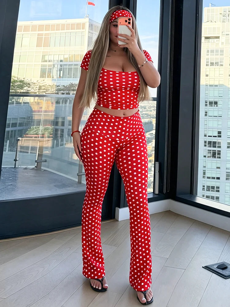 Polka Dot Print 3-Piece Set Women Simple Headband+Square Collar t-Shirt+Elastic Waistbell-Bottoms Sporty Style Suit