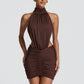 Halter High Neck Sexy Mini Dress Women Elegant Draped Ruched Waist Cutout Bodycon Cocktail Club Party Dress Fashion