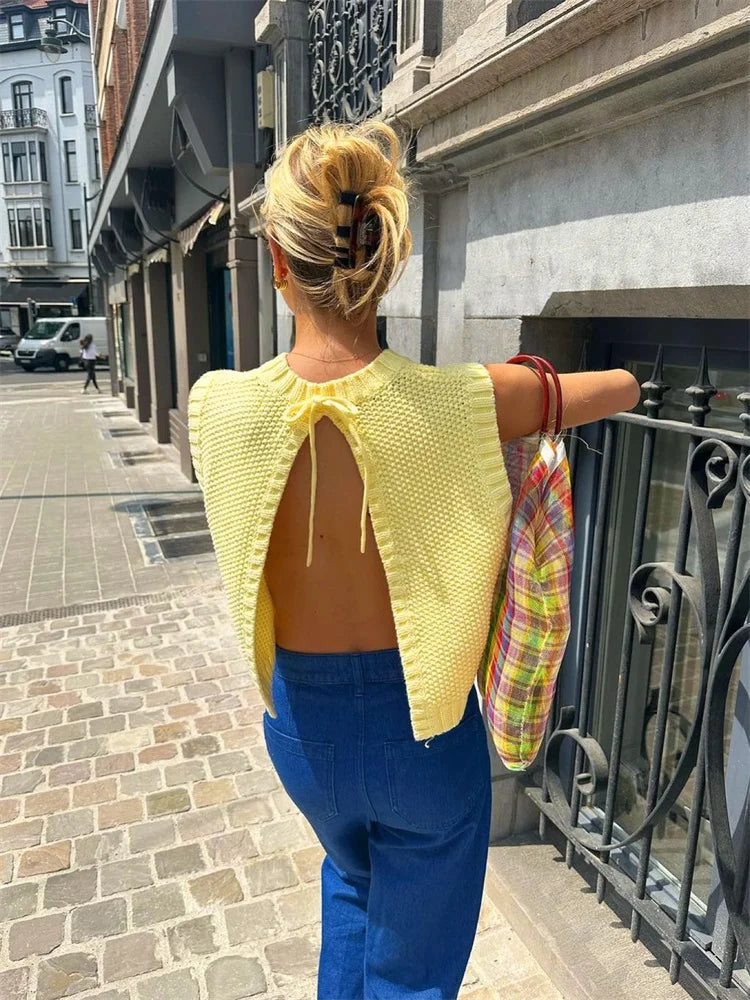 Lace-Up Back Split Tank Top Women 2025 O-Neck Knit Y2K Stretch Simple Solid Sexy Elegant Clubwear Skinny Summer Vest