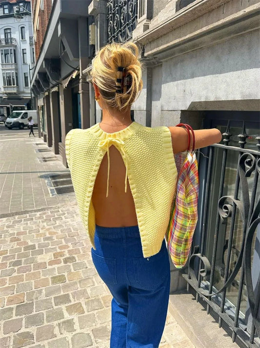 Lace-Up Back Split Tank Top Women 2025 O-Neck Knit Y2K Stretch Simple Solid Sexy Elegant Clubwear Skinny Summer Vest