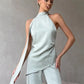 Sexy Backless Satin Halter Top Asymmetrical Hem Sleeveless Blouse with Flowing Strap for Nightclub and Party Events