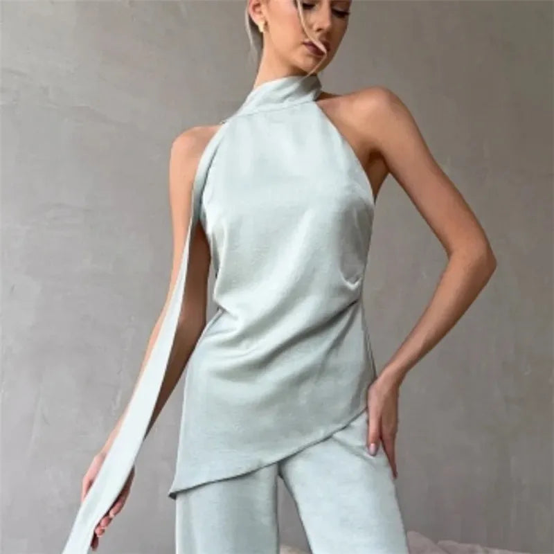 Sexy Backless Satin Halter Top Asymmetrical Hem Sleeveless Blouse with Flowing Strap for Nightclub and Party Events