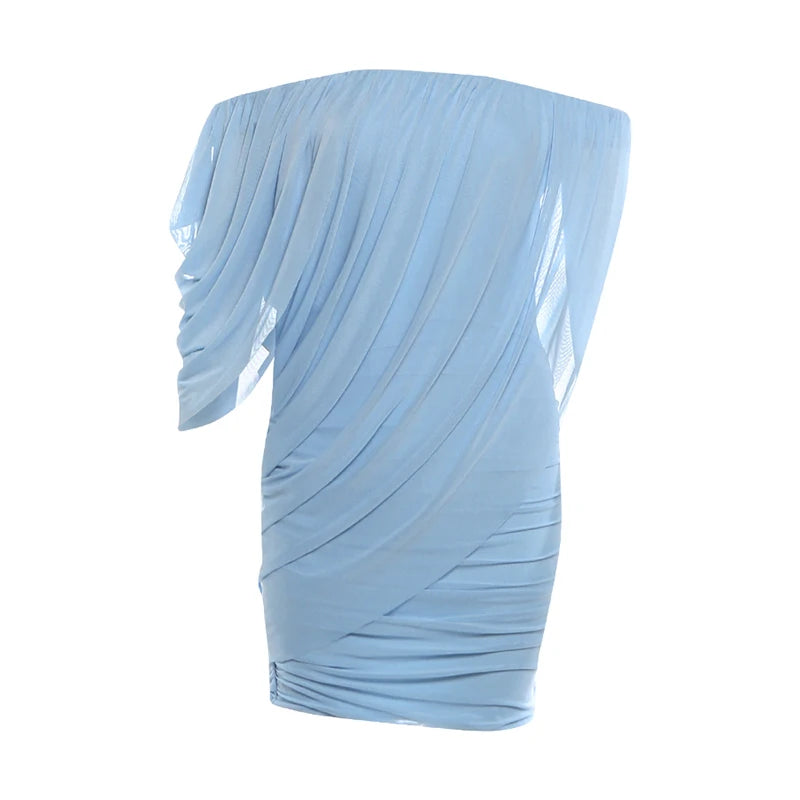 Irregular Sleeve Dress Women Slash Neck Folds Solid Mesh Elegant High Street Prom Party Fashion Show Mini Bodycon