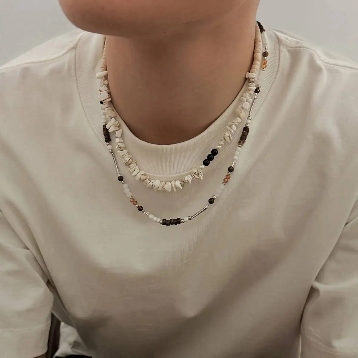 2pcs New Trendy Natural Stone Chain Necklace Set for Men Hip Hop Double Layer Wooden Beaded Choker Jewelry on the Neck