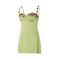 Women's Sexy Satin Party Club Dress 3D Flower Spaghetti Strap Low Cut Backless Mini Dress Slip Floral Trim Cami Dress