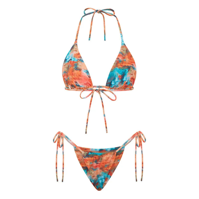 Women 2 Pieces Bikini Swimsuit Spaghetti Strap Top Tie Side Triangle G-Thong Bathing Suit Beach Holiday Swimwear