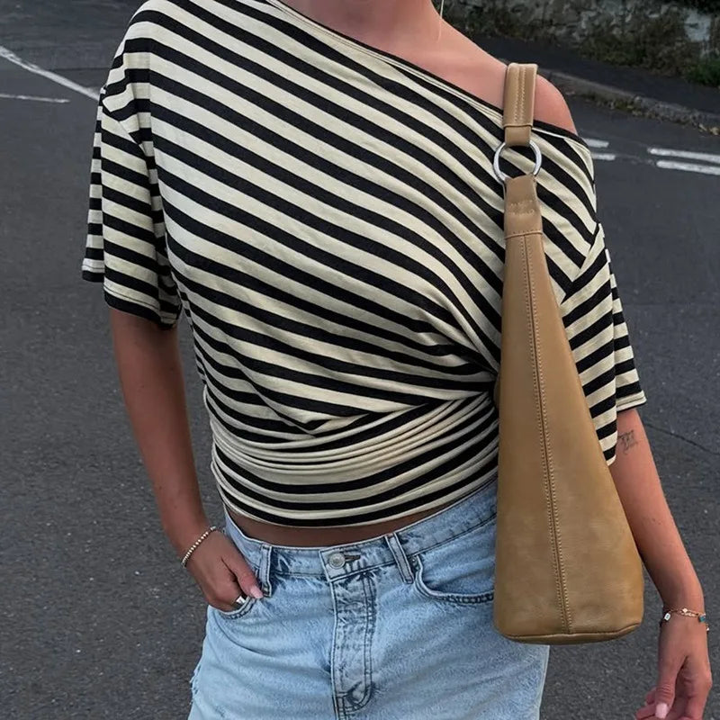 One Shoulder Ruched Striped Crop Tops Summer Short Sleeve T Shirts Fashion 2026 Woman Clothes