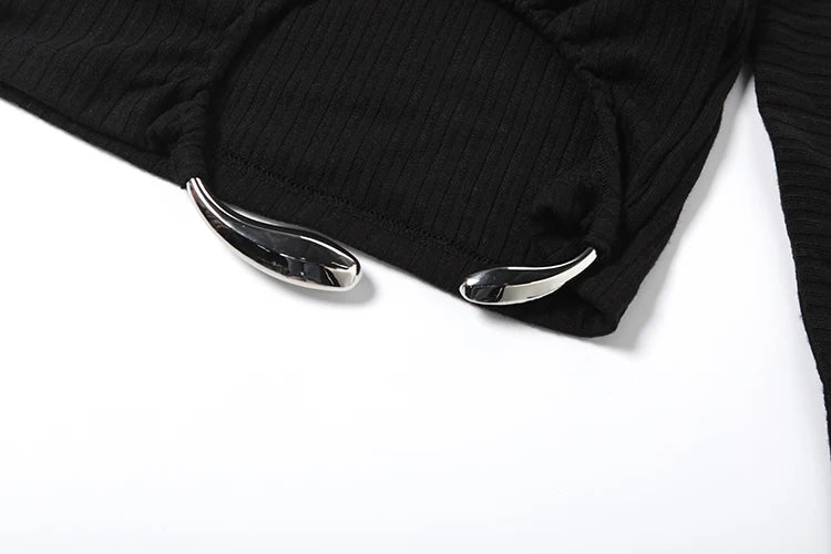 Irregular Hem Crop Tops Women Metal Ring Decoration o-Neck Full Sleeve Daily Fashion Casual Daily Elasticity Streetwear