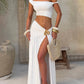 Elegant Dress Set Women Skew Collar Crop Top And Split Skirt Matching Set Fashion Backless Pleated Skirt Two Piece Set