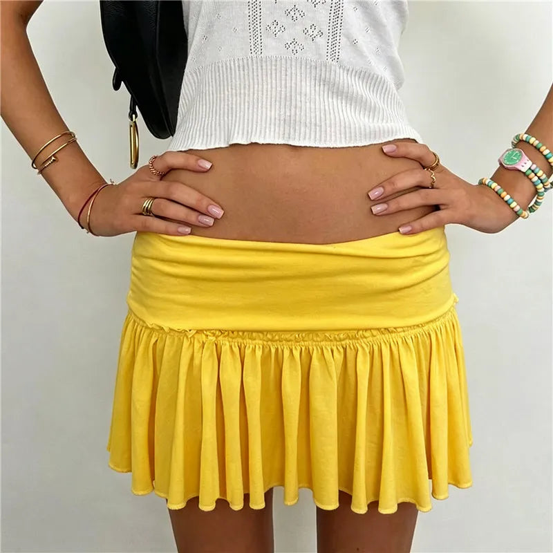 Women Low Waist Fold Over Pleated Mini Skirt Y2K Ruched Flared A Line Short Skirt Summer Casual Fairy Skirt