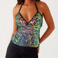 Women Sequin Halter Top Sexy Sleeveless Deep V Neck Glitter Tank Top Sparkle Backless Crop Top Summer Streetwear
