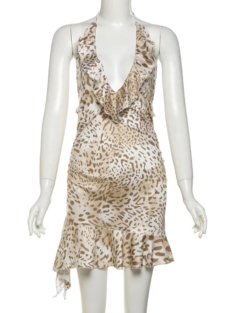 Backless Sexy Party Dress Women Y2K Ruffles Irregular Hem Summer Vacation Leopard Print Midnight Hipster Mini Bodycon