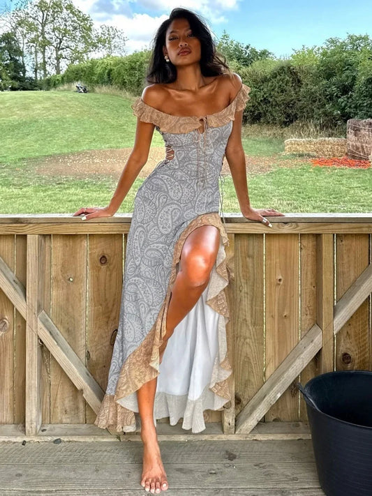 Off The Shoulder Ruffled High Split Dress for Woman Elegant Paisley Print Sleeveless Long Dresses Resort Wear