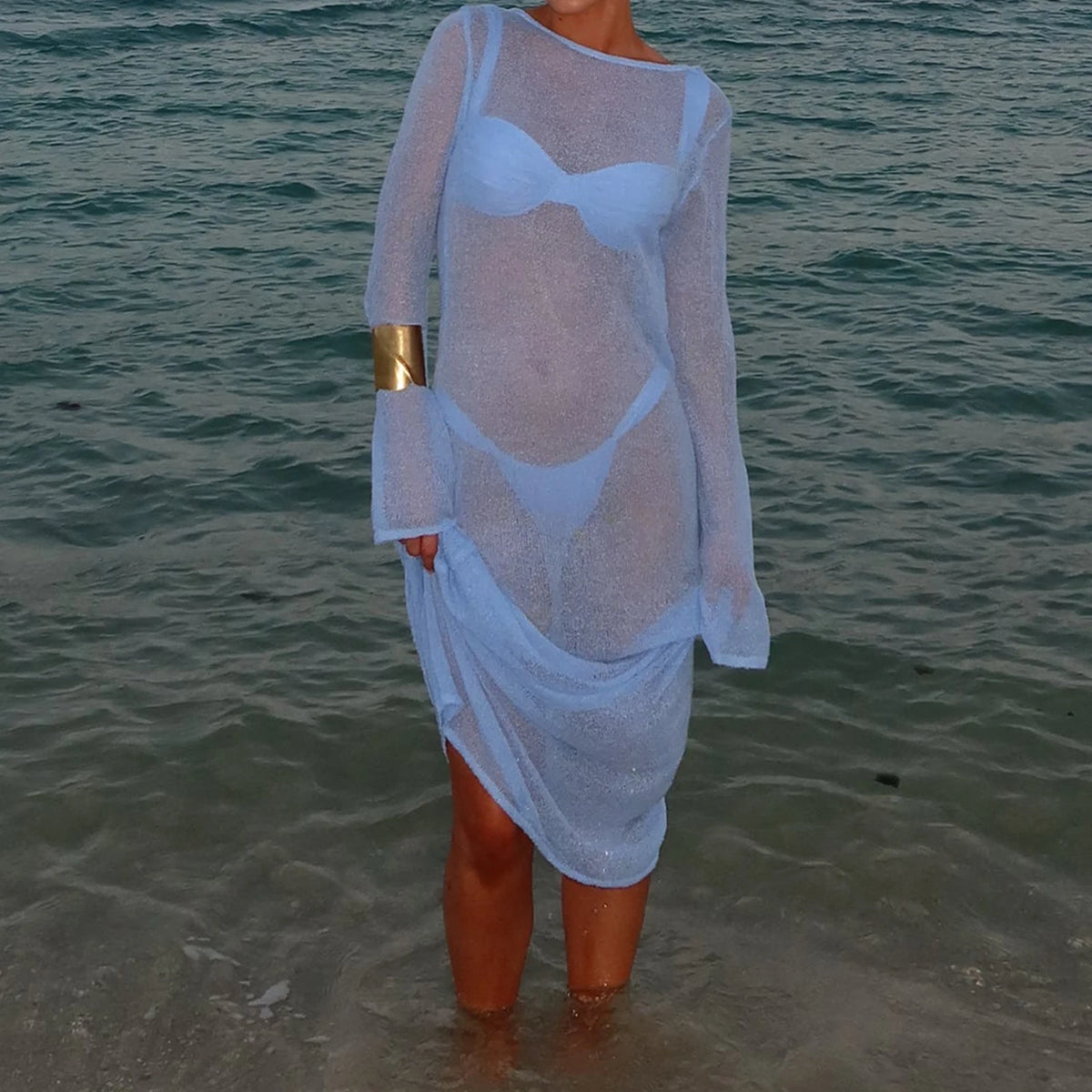 Women Beach Cover Up Solid Color See-Through Long Sleeve Summer Swimsuit Coverup Bathing Suit Cover Ups Long Dresses