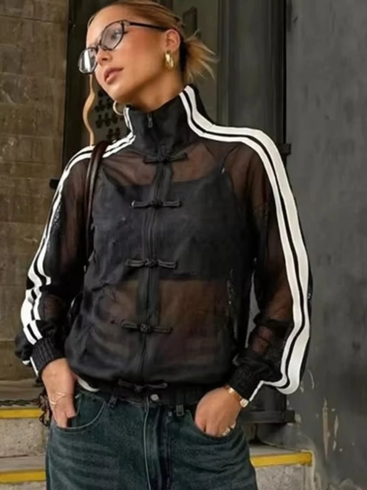 Autumn Mesh Patchwork T-Shirts Woman Bow Decoration Zip Stand Collar Full Sleeve Hot Girls High Street Fashion Style Tees