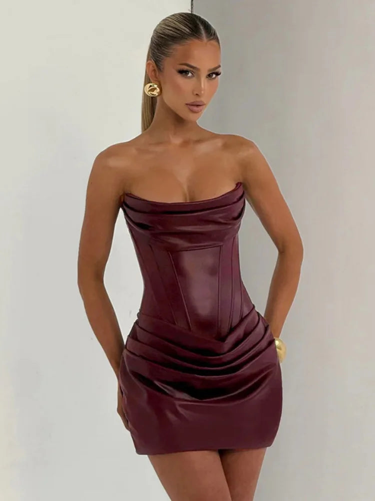 PU Leather Strapless Bodycon Dress Low Cut Fishbone Corset Pleated Mini Dresses Sexy Outfits Women Club Wear
