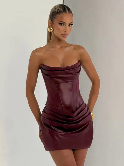 PU Leather Strapless Bodycon Dress Low Cut Fishbone Corset Pleated Mini Dresses Sexy Outfits Women Club Wear