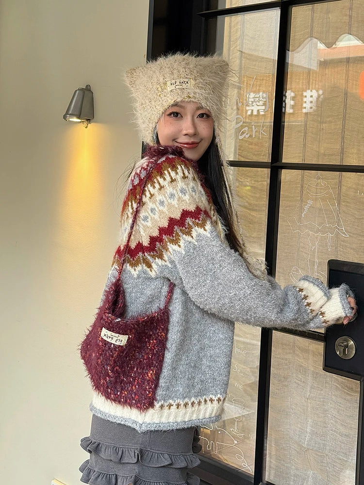 Cute Mohair Cat Ear Star Knit Beanie For Women