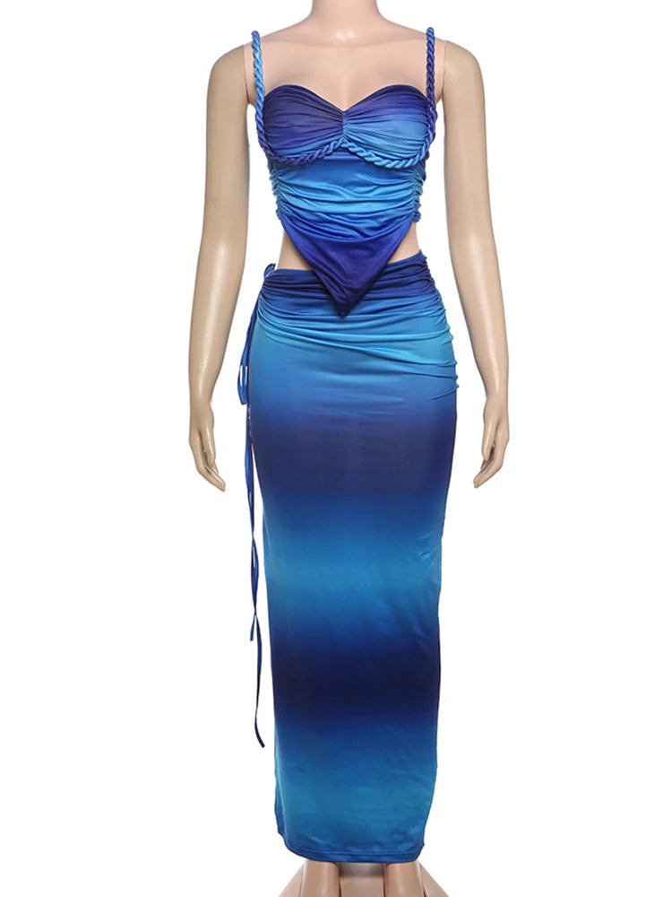 Gradient Sexy 2 Piece Set Women Y2K Plait Heart Shape Camisole+Shirring Hollow Skirts Summer Beach Vacation Clubwear