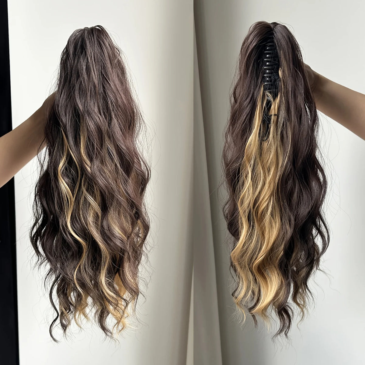 Synthetic Claw Clip Ponytail 18Inch Long Wavy Black Brown Heat Resistant Type Layered Horse Tail  Hair Extension