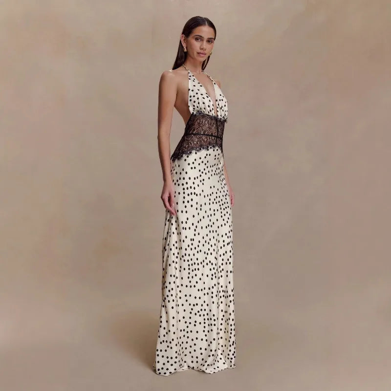 Lace and Satin Polka Dot Party Dresses for Woman Elegant Deep V Neck Backless Maxi Dress Summer 2026