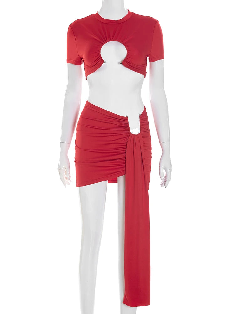 Fashion Summer 2Piece Set Women Solid Shorts Sleeve Ruched Brooch Crop Tops+Irregular Ribbon Skirts Matching Club Outfits