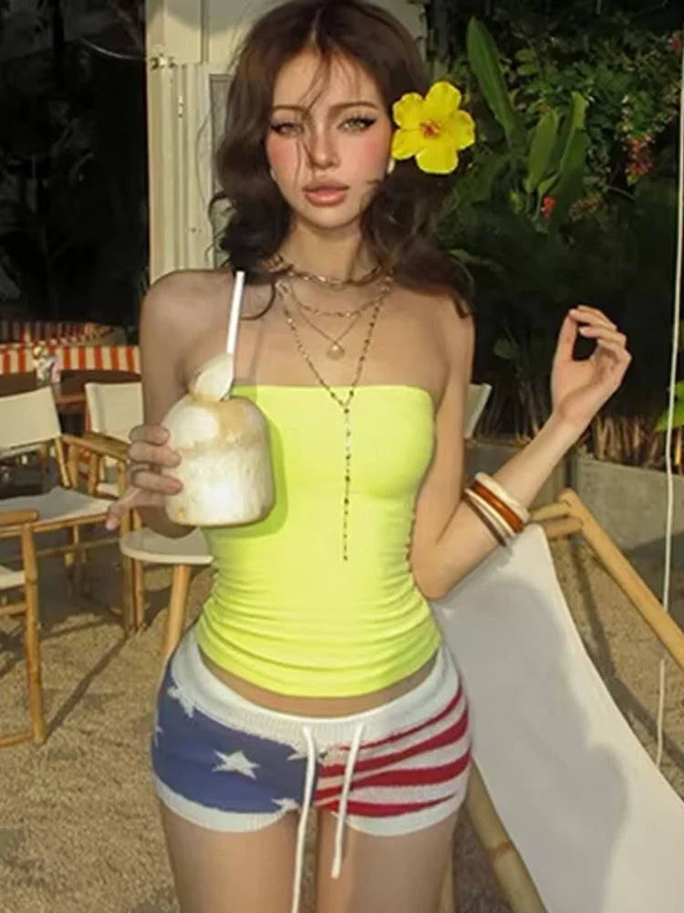 Summer Sweet 2-Piece Set Women Solid Backless Sleeveless Elegant Tops+ Pentagram Stripes Knit Shorts Matching Suits