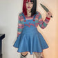 Women Devil Halloween Cosplay Costume Long Sleeve Striped Crop Tops and Suspender Mini Skirt Festival Party Outfits