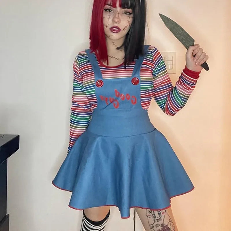 Women Devil Halloween Cosplay Costume Long Sleeve Striped Crop Tops and Suspender Mini Skirt Festival Party Outfits