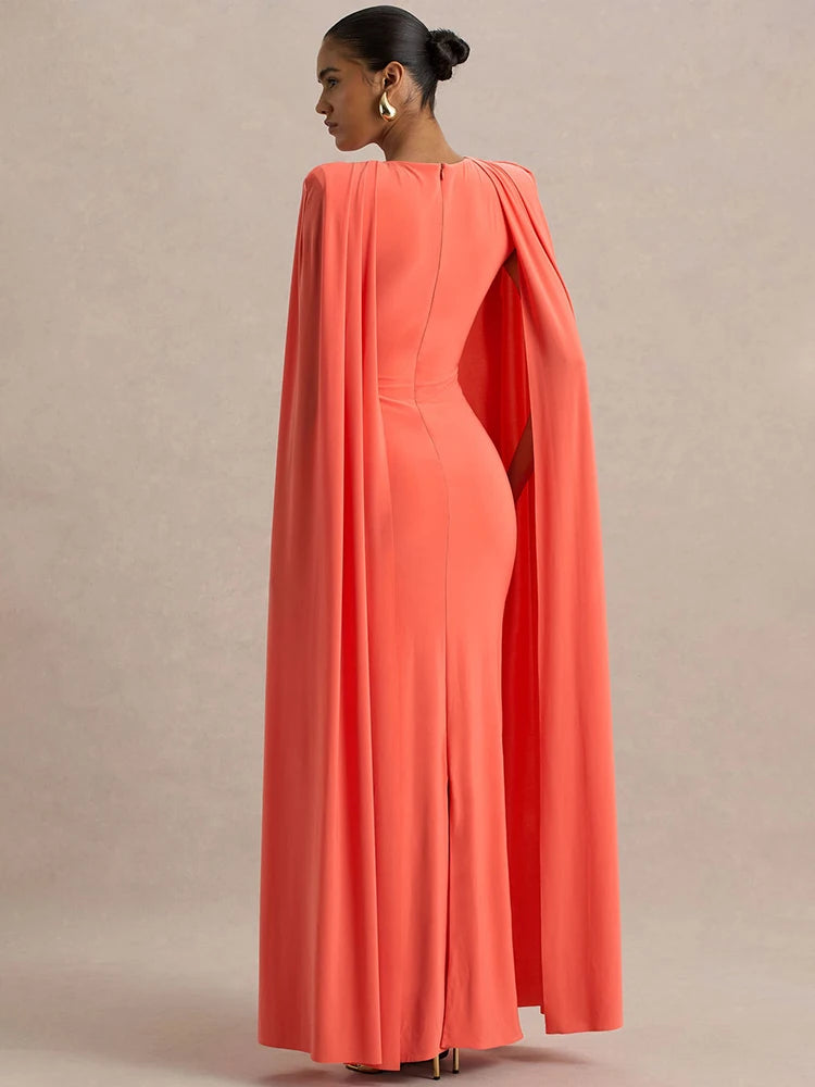 Cape Sleeve Sexy Maxi Dress Women Gown Elegant Fashion Zipper O Neck High Waist Split Club Party Long Dresses Female