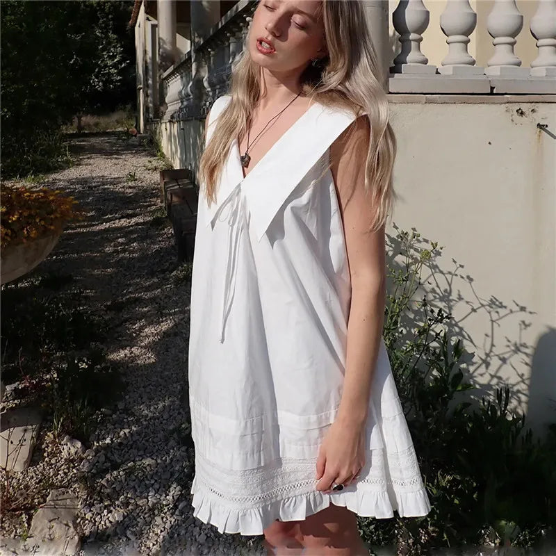 Preppy Cute Women Sleeveless Doll Dress Big Sailor Lapel Tie Bow Decor Eyelet Lace Ruffle Hem Street Summer Short Dress