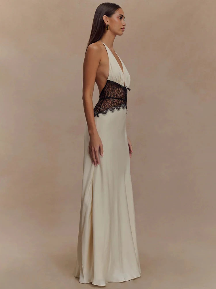 Summer Backless Sexy Maxi Dress Women Gown Patchwork Lace Halter Deep V Neck Sleeveless High Waist Elegant Long Dress