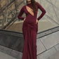 Christmas Hollow Maxi Dress Women o-Neck Folds Flare Sleeve Bandage Long Tassel Solid Skinny Elegant Banquet Vestidos