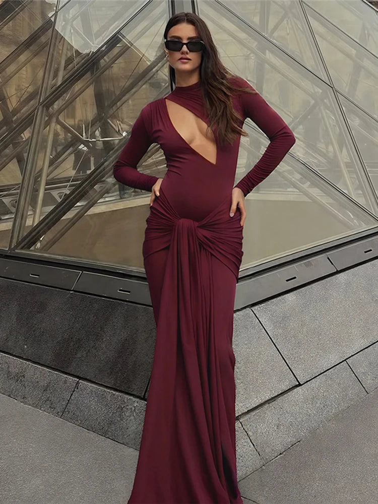 Christmas Hollow Maxi Dress Women o-Neck Folds Flare Sleeve Bandage Long Tassel Solid Skinny Elegant Banquet Vestidos