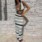 Chic Women 2Pcs Knit Skirt Outfits Stripe Print Crop Tank Tops with High Waist Slim Long Skirt Set Beach Holiday Clothes