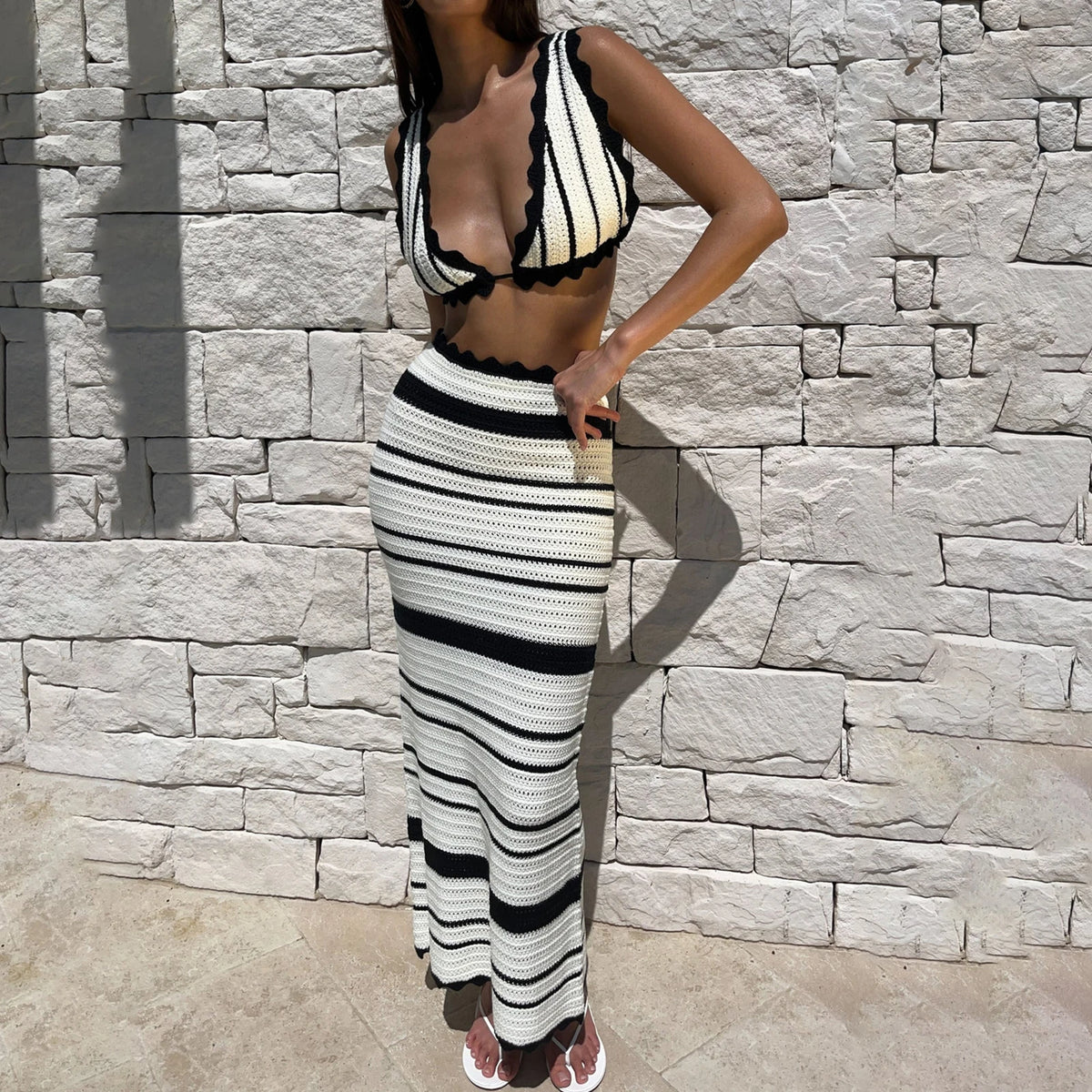 Chic Women 2Pcs Knit Skirt Outfits Stripe Print Crop Tank Tops with High Waist Slim Long Skirt Set Beach Holiday Clothes