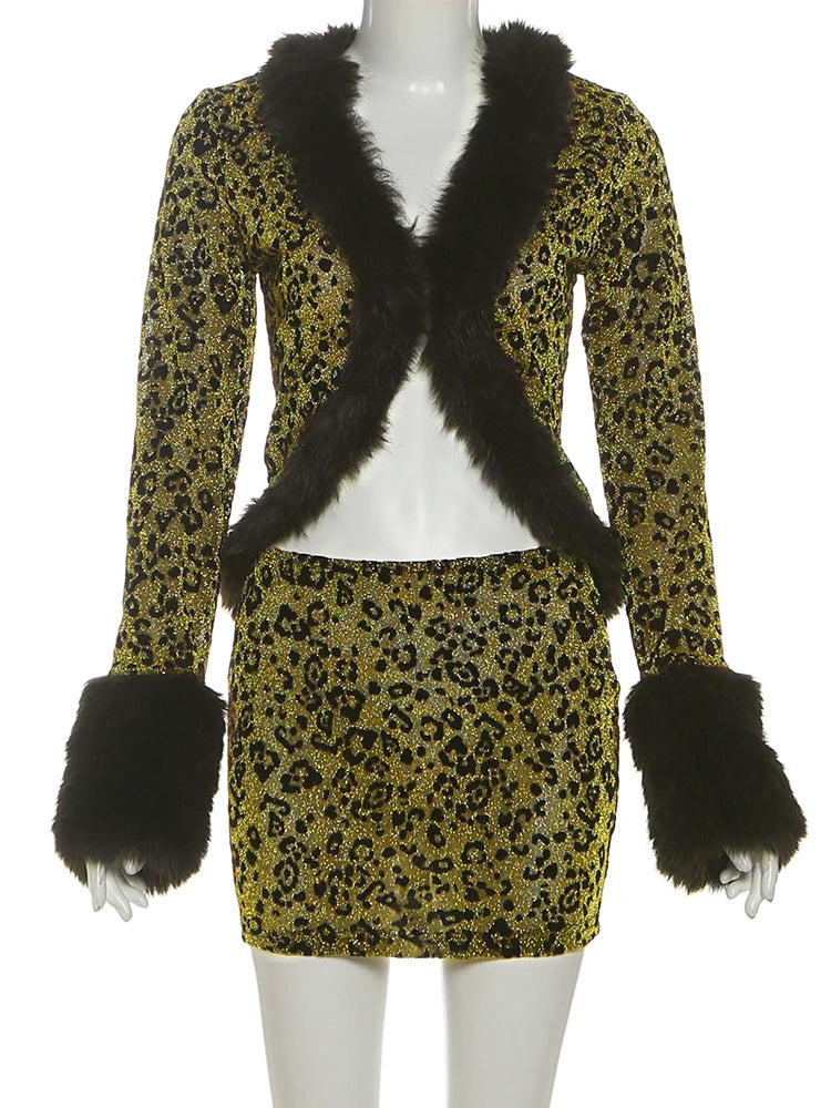 Wild Leopard Print 2Piece Set Woman Autumn Trend Furry Patchwork Full Sleeve Tops+Skinny Mini Skirts Street Style Outfits
