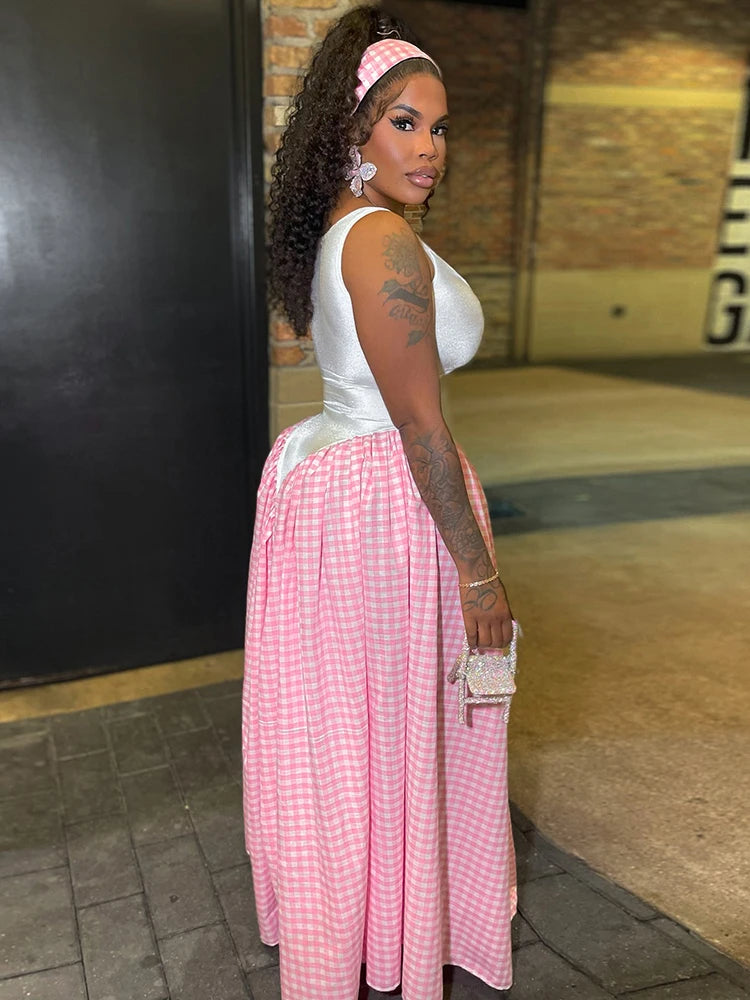 Patchwork Plaid Maxi Dress Women Square Collar Sleeveless Folds Loose Hem Summer Midnight Birthday Party Vestidos