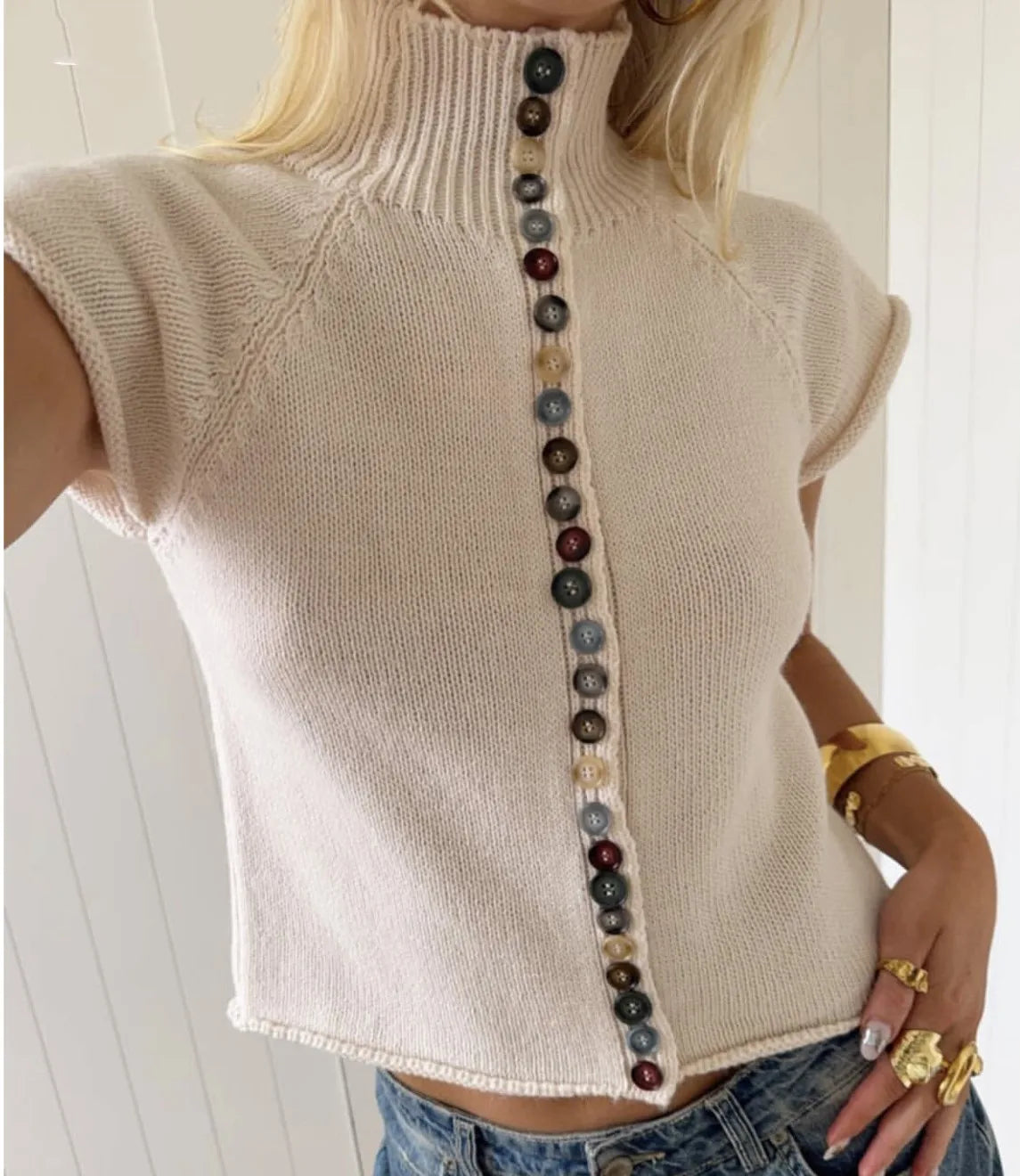 Women Turtleneck Knit Vest Colorful Button Sleeveless Sweater Top Y2K Cropped Knitwear Short Sleeve Cardigan Casual